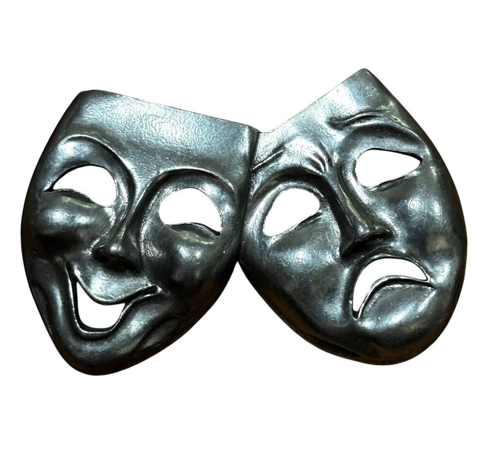 Silver thespian mask brooch vintage 1988 Seagull Pewter Canada collectible pin